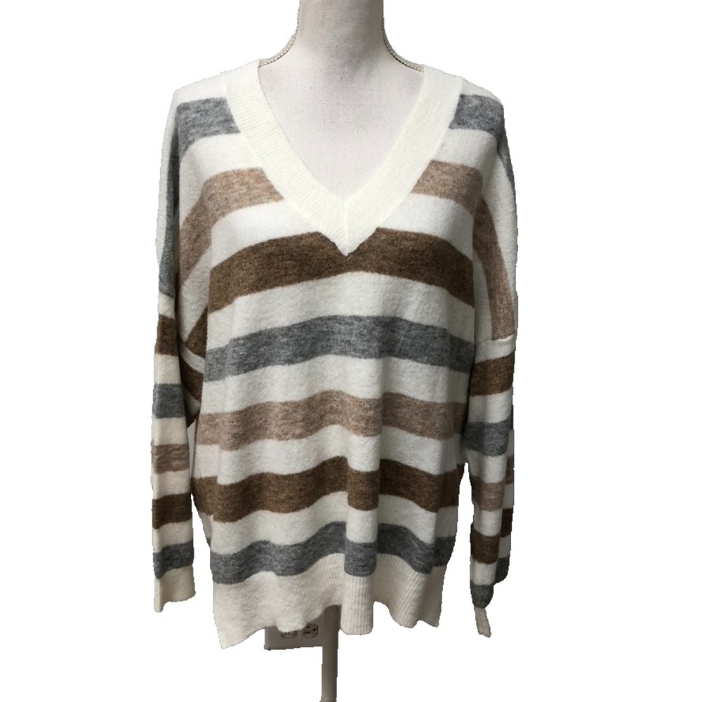 Dreamers By Debut Sweater Jumper Womens XL Brown Gray Stripe Oversized V Neck